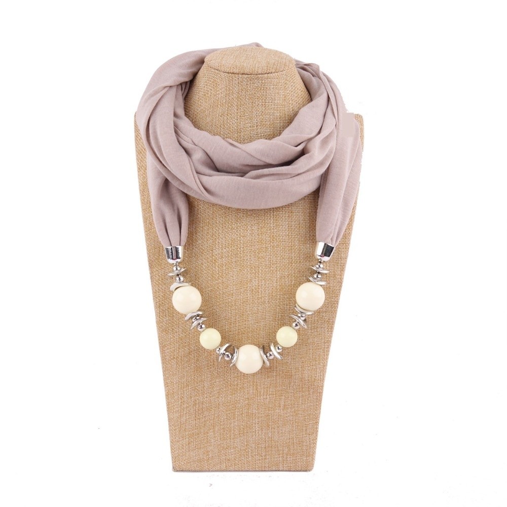 Infinity Scarf Knit - ผ้าพันคอชีฟองใหม่ ประดับลูกปัด สีพื้น ผ้าพันคออินฟินิตี้ สไตล์ชาติพันธุ์ สไตล์วินเทจ